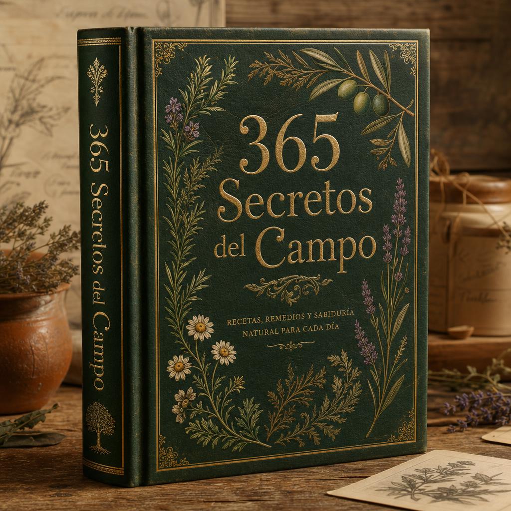 Ejemplar de 365 Secretos del Campo, libro botánico de tapa verde con letras doradas, junto a romero, manzanilla y un frasco antiguo